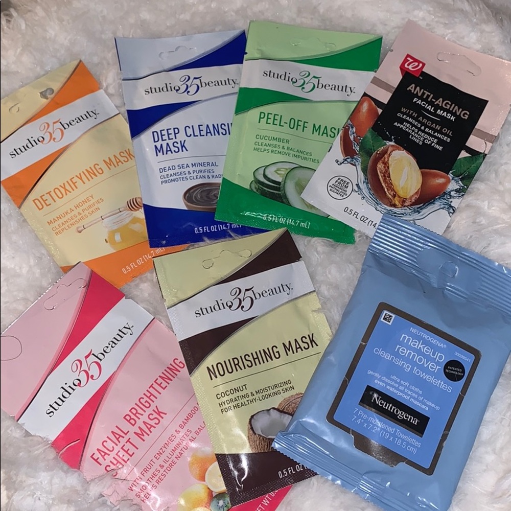 Six face mask and a pack makeup remover wipes.